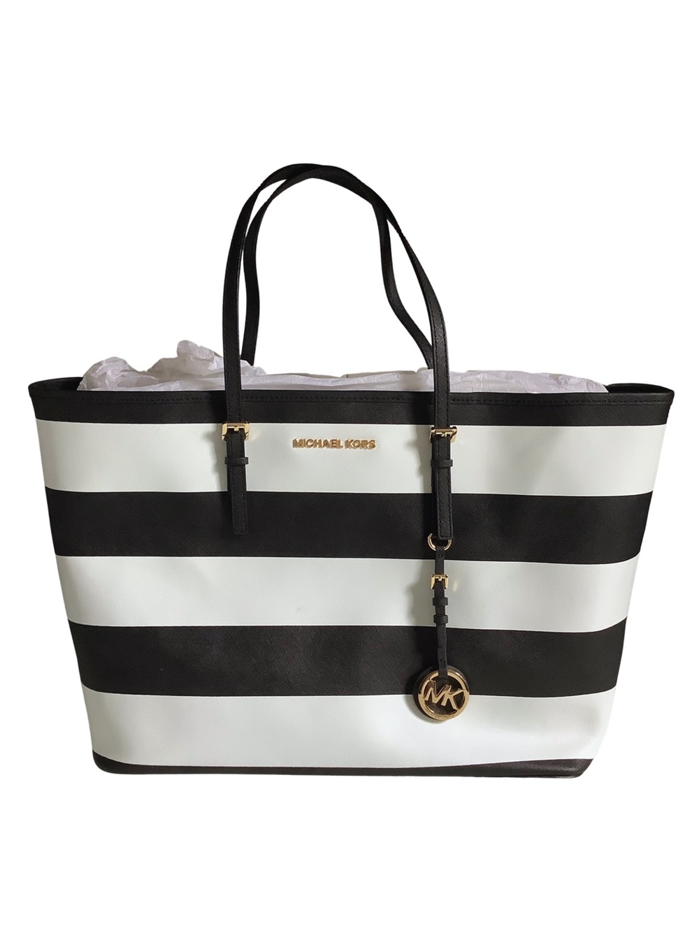 NWOT Michael Kors Black & White Stripe Saffiano Jet Set Tote Bag
